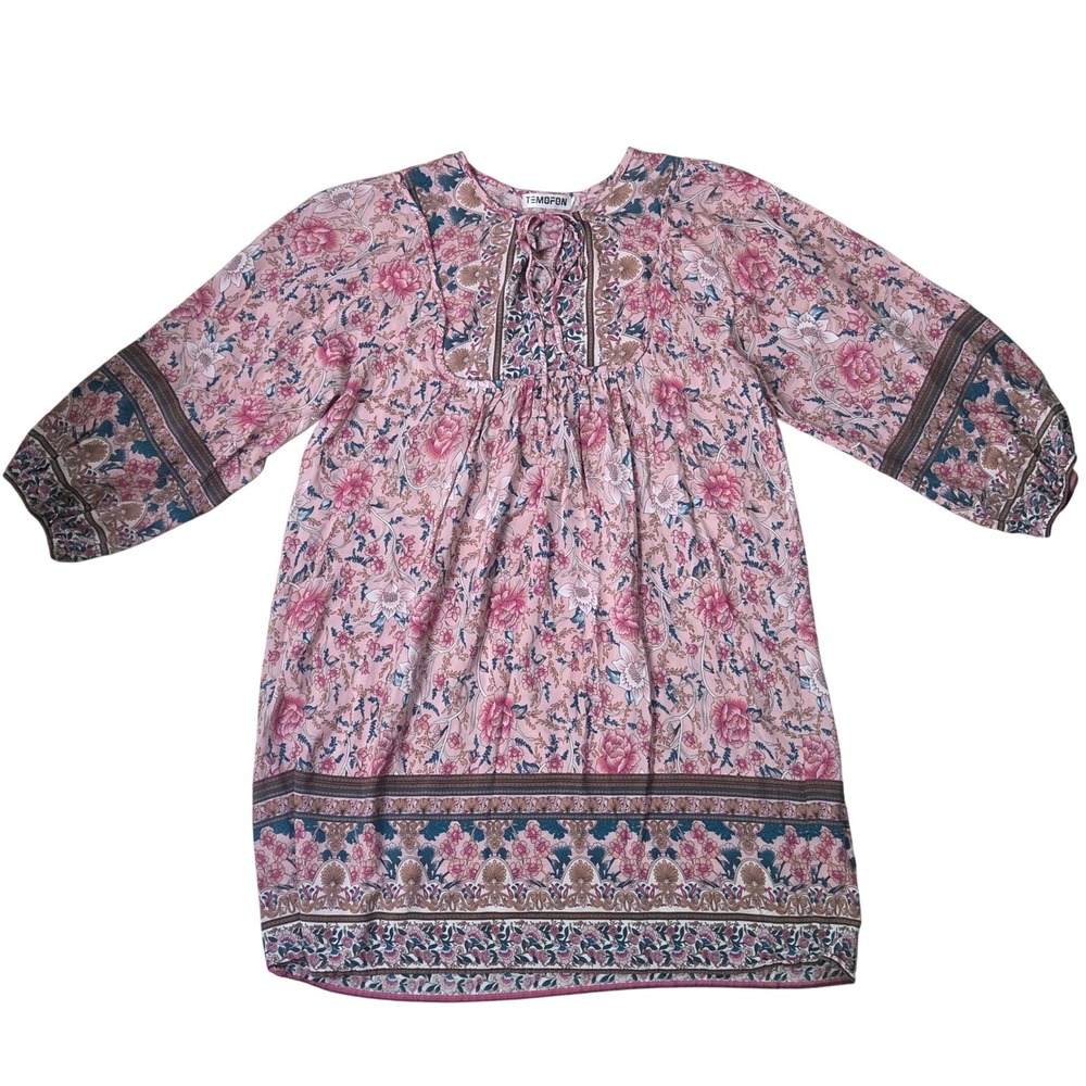 Boho Floral Babydoll Peasant Tunic Pink Flowy Mini Dress Romantic Folk Style M/L